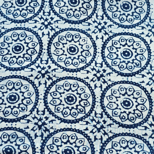 (PRE-CUT 1.50 METER) Pure Cotton Indigo Off White With Mandala Art Hand Block Print Fabric