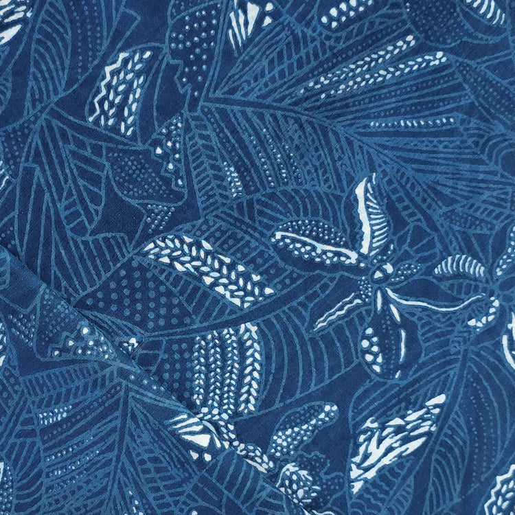 Pure Cotton Indigo With Leaves Over overlapping Hand Block Print Fabri ...