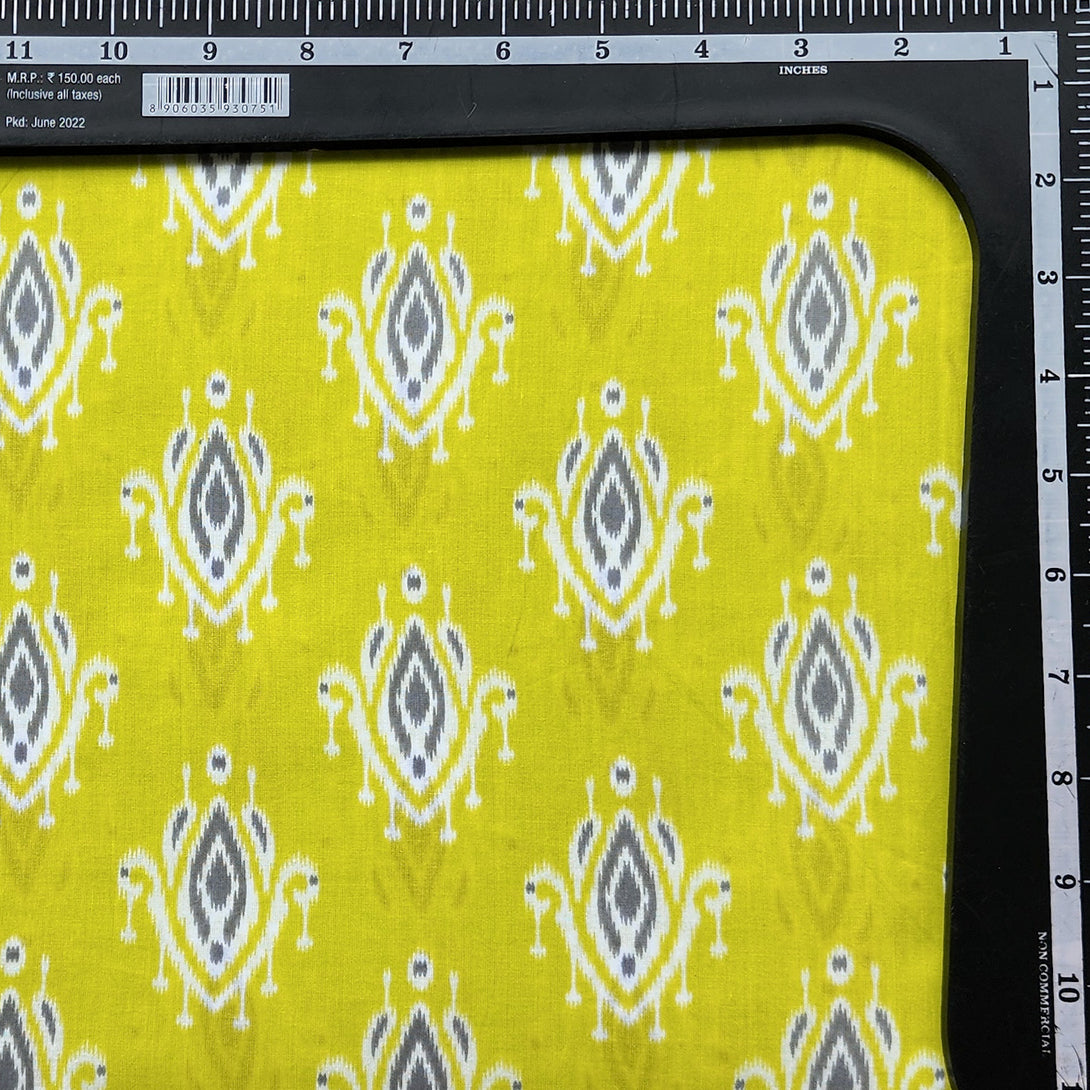 Pure Cotton Chartreuse With Grey Flower Motif And Border Screen Print ...