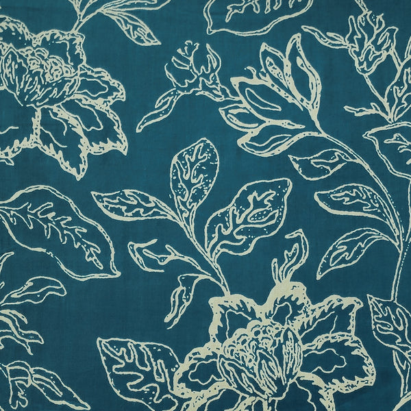 (PRE-CUT 1.15 METER) Pure Cotton Teal Blue With Big Flower Jaal Screen Print Fabric