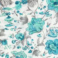 Pure Cotton White With Teal Blue Floral Design Screen Print Fabric