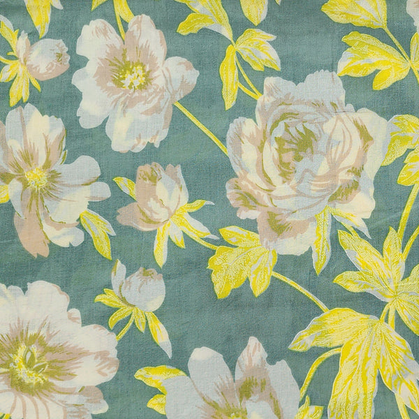(PRE-CUT 2 METER) Pure Cotton Sea Green With Big Flower Jaal Screen Print Fabric