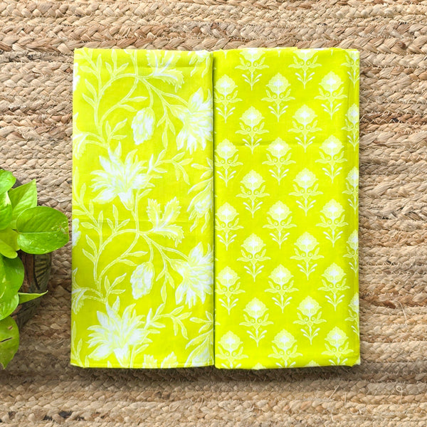Top Bottom Combo Pure Cotton Yellow Green With Flower Screen  Print Fabric (2.5 Meters Each)