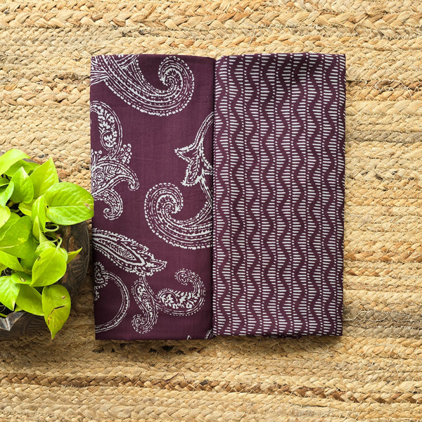Top Bottom Combo Pure Cotton Wine With Kairi Jaal Screen Print Fabric (2.5 Meters Each)