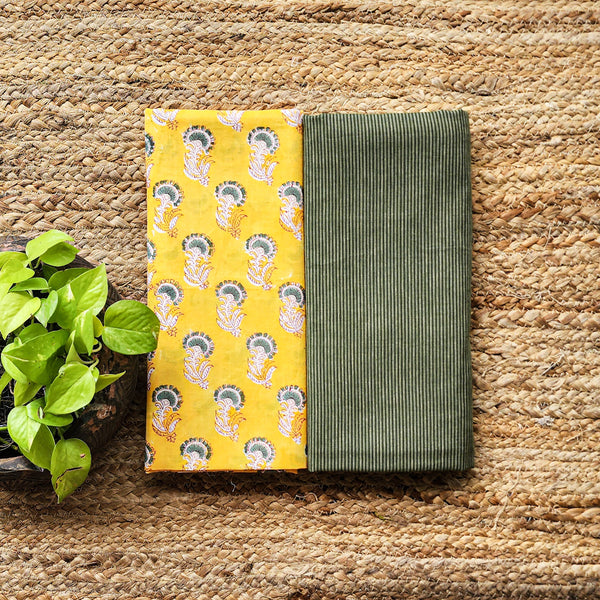 Top Bottom Combo Pure Cotton Yellow With Green Hand Block Print Fabric (2.5 Meters Each)