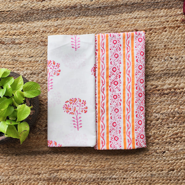 Top Bottom Combo Pure Cotton White With Orange And Pink Flower Plant Hand Block Print Fabric (2.5 Meters Each)