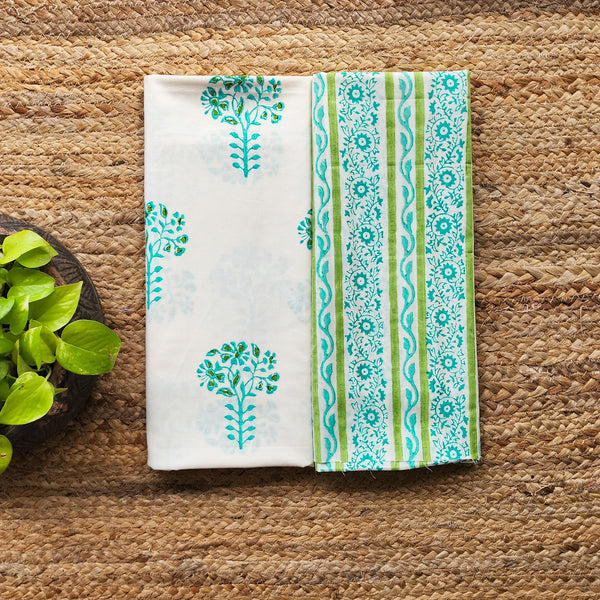 Top Bottom Combo Pure Cotton White With Green Flower Plant Hand Block Print Fabric (2.5 Meters Each)