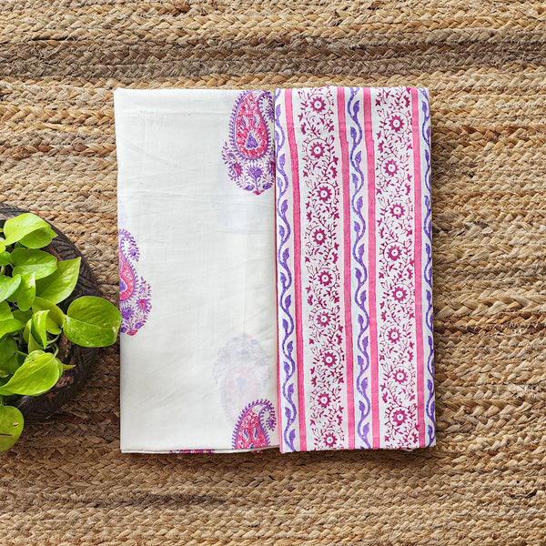Top Bottom Combo Pure Cotton White With Pink Kairi Hand Block Print Fabric (2.5 Meters Each)