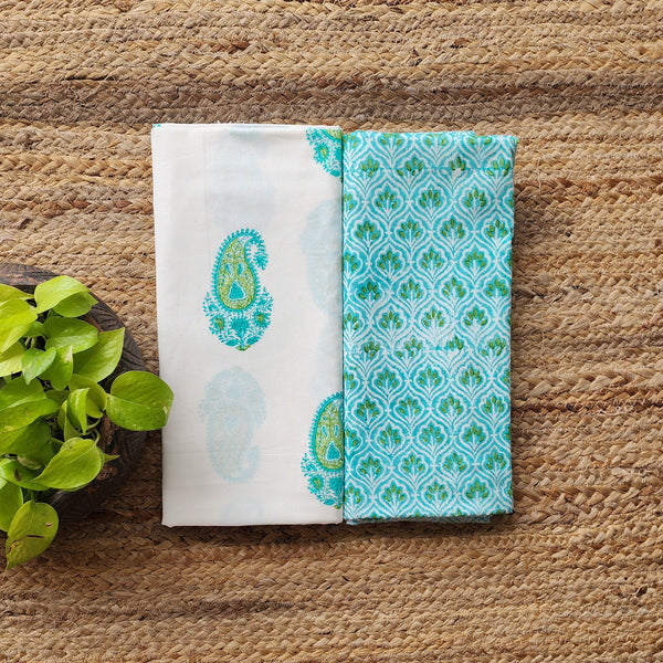Top Bottom Combo Pure Cotton White With Green Kairi Hand Block Print Fabric (2.5 Meters Each)