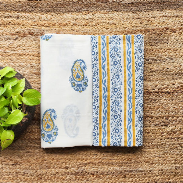 Top Bottom Combo Pure Cotton White With Blue Kairi  Hand Block Print Fabric (2.5 Meters Each)