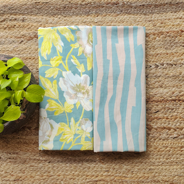 Top Bottom Combo Pure Cotton Sea Green With Big Flower Jaal Screen Print Fabric (2.5 Meters Each)