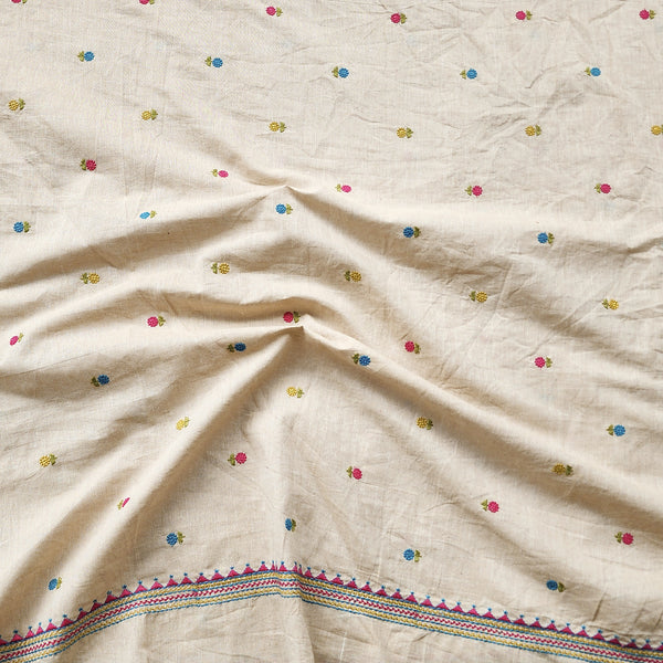 Pure South Cotton chikoo With Pink And Blue Tiny Flower Motifs With Border Embroidery Fabric