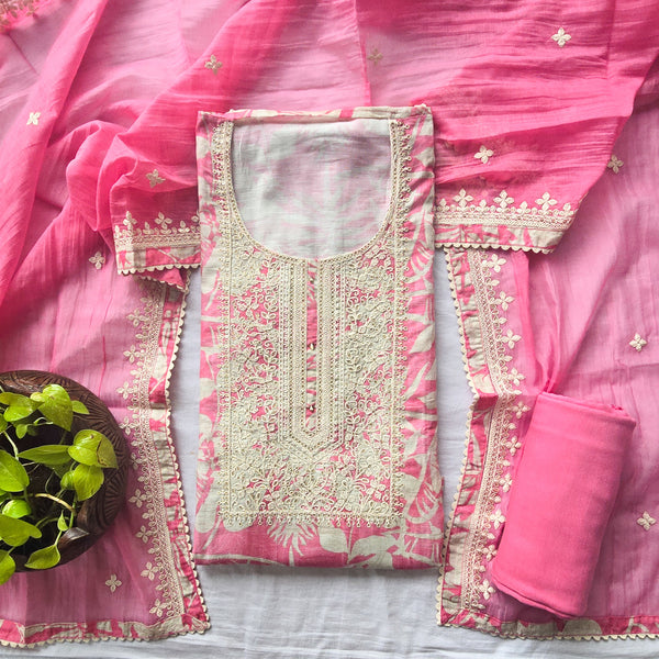 VAANI - Chanderi Pink Floral Design With Embroided Yoke Suit