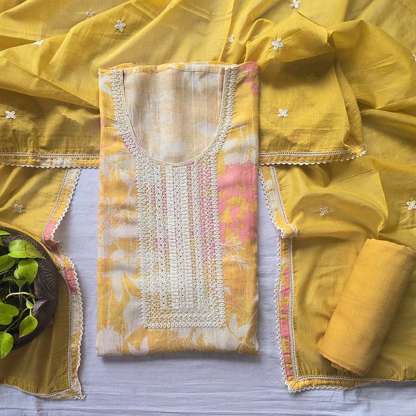 VAANI - Chanderi Yellow Floral Design With Embroided Yoke Suit