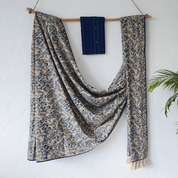 SWARA - Pure Cotton Kalamkari Cream With Blue Flower Jaal Saree