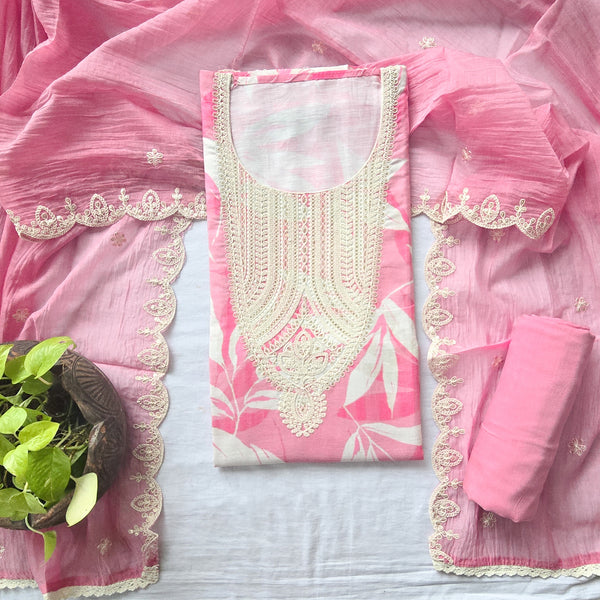 VAANI - Chanderi Pink Floral Design With Embroided Sequence Yoke Suit