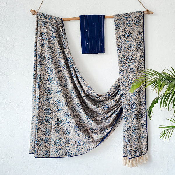 SWARA - Pure Cotton Kalamkari Cream With Blue Wild Flower Jaal Saree