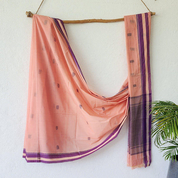 Godavani -Pure Cotton Handloom Peach With Purple Border Saree