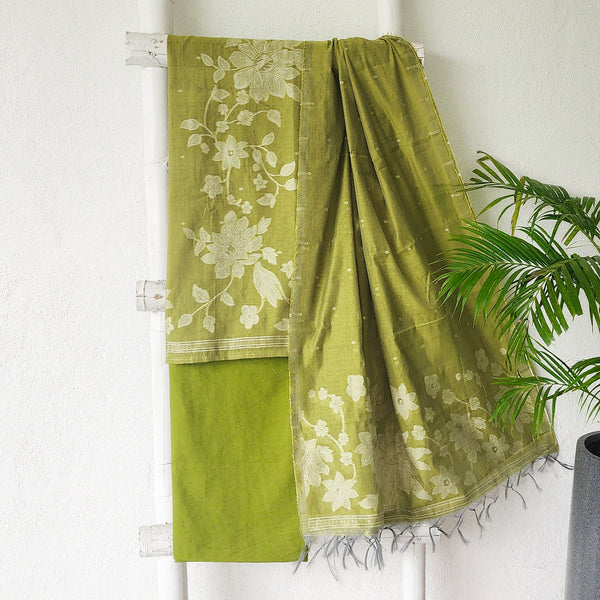 AARADHYA- Jamdani mehandi green  With Floral Design And Embroidery Suit