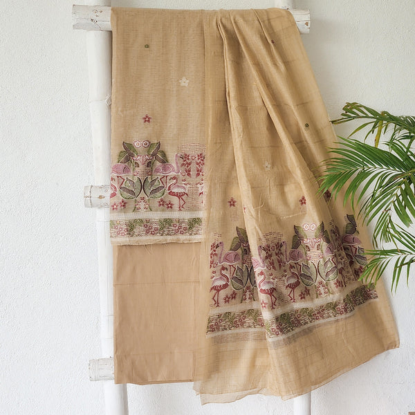 AARADHYA- Jamdani chikoo With Flamingo Design Top And Dupatta Suit