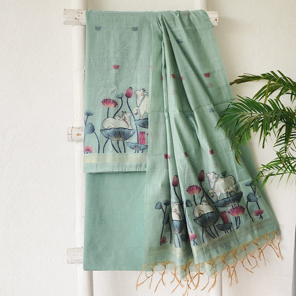 AARADHYA- Jamdani Sea Blue With Flower Design With Cow Suit