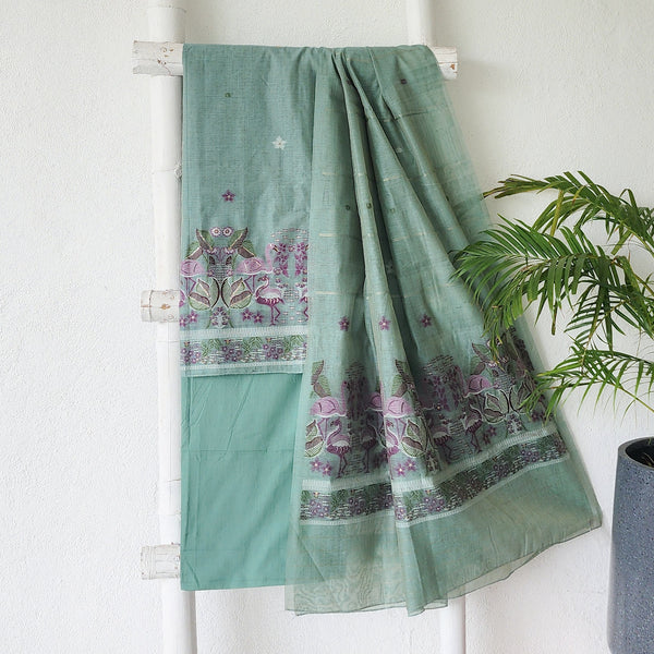 AARADHYA- Jamdani Mint Green With Flamingo Design Top And Dupatta Suit
