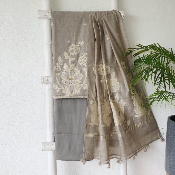 AARADHYA- Jamdani Light Grey With  Floral Design And Embroidery  Suit