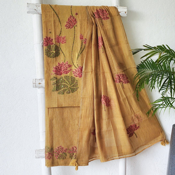 AARADHYA- Jamdani dark mustard With Floral Design And Embroidery Suit