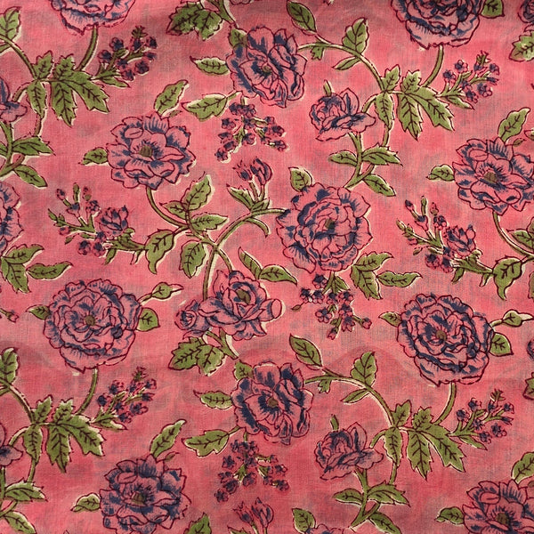 (PRE-CUT 1.45 METER) Pure Cotton Mul Jaipuri Pink Peach With Flower Jaal Hand Block Print Fabric