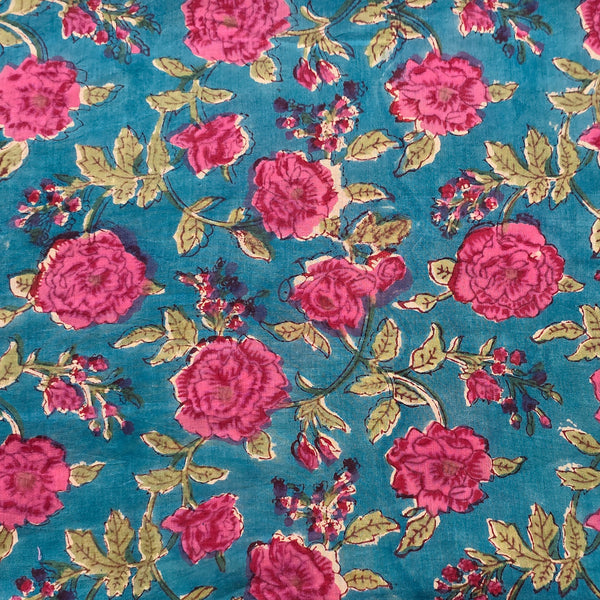 (PRE-CUT 1.75 METER)  Pure Cotton Mul Jaipuri Blue  With Pink Floral Design Hand Block Print Fabric