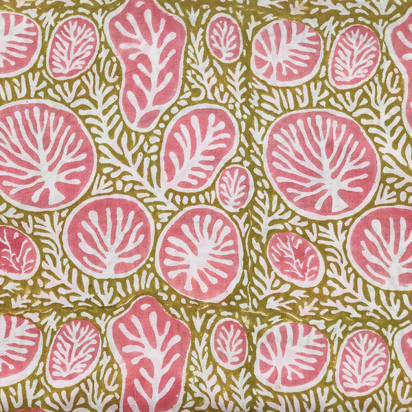 (Pre-cut 1.20 meter)Pure Cotton Jaipuri Green With Pink  Coral Design  Hand Block Print Fabric