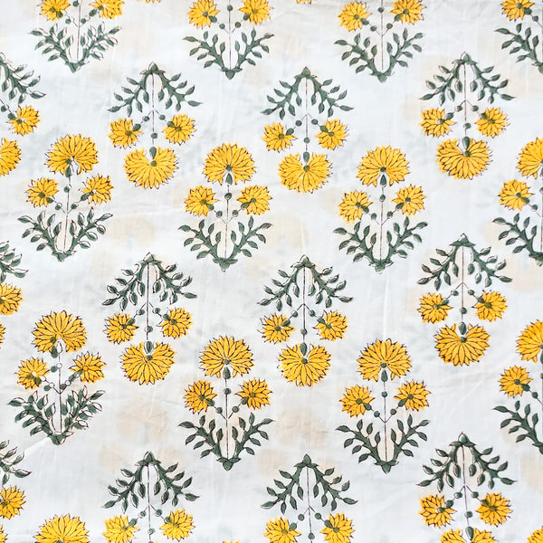 (PRE-CUT 1.60 METER) Pure Cotton Jaipuri White With Yellow Flower  Plant Motif Hand Block Print Fabric