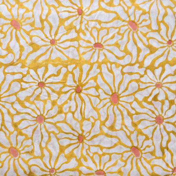 (PRE-CUT 0.80 METER) Pure Cotton Jaipuri Mustard With White Flower Design  Hand Block Print Fabric