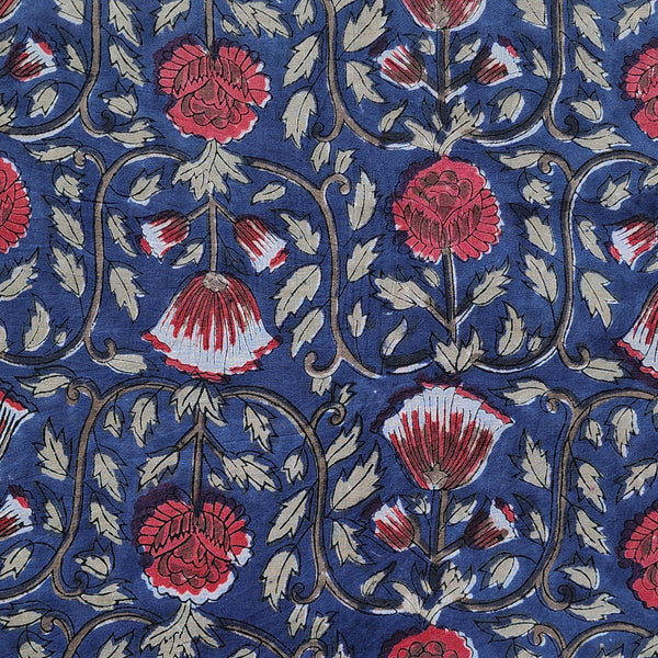 (PRE-CUT 2.20 METER) Pure Cotton Jaipuri Blue With Dark Peach Flower Jaal Hand Block Print Fabric