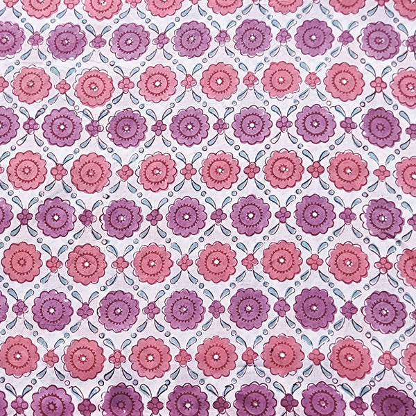 (PRE-CUT 1.30 METER) Pure Cotton Jaipuri White With Pink And Purple Flower Design Hand Block Print Fabric