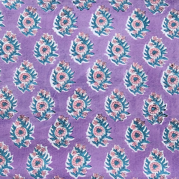 (PRE-CUT 0.80 METER) Pure Cotton Jaipuri Purple  With Peach Flower Motif Hand Block Print Fabric