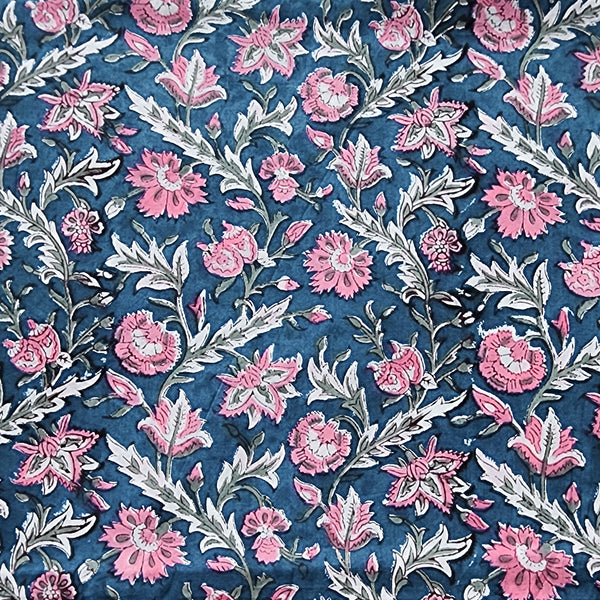 (PRE-CUT 1.60  METER) Pure Cotton Jaipuri Blue   With Pink Flower Jaal Hand Block Print Fabric