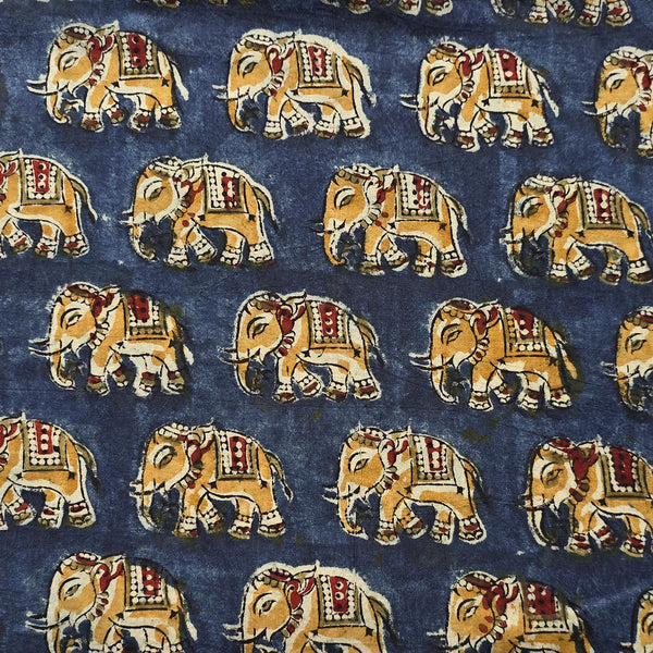 (PRE-CUT 1.20 METER) Pure Cotton Kalamkari Blue With Mustard Elephant Motif Hand Block Print Fabric