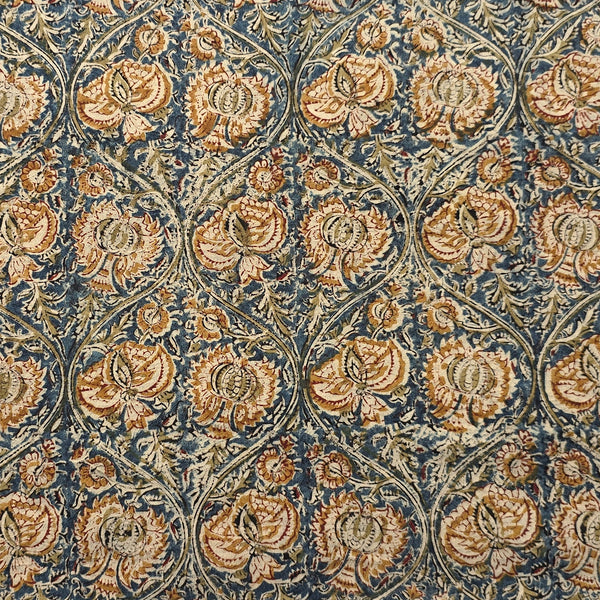 Pure Cotton Kalamkari Rust Blue With Musatrd Flower Jaal Hand Block Print Fabric