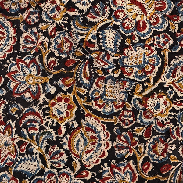 Pure Cotton Kalamkari Black With Red Flower Jaal Hand Block Print Fabric