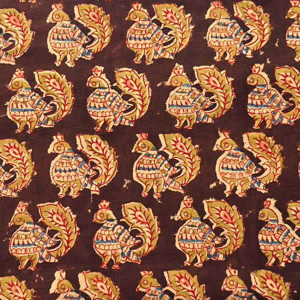Pure Cotton Kalamkari Rust Dark Brown With Mehandi Green Peacock  Motif  Hand Block Print Fabric