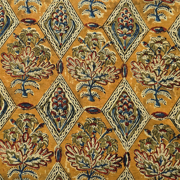 Pure Cotton Kalamkari Mustard With Mehandi Green Intricate Design Hand Block Print Fabric