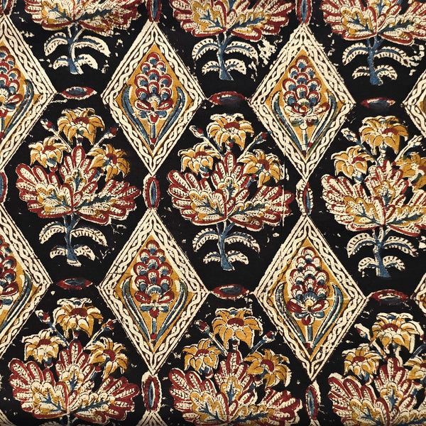 Pure Cotton Kalamkari Black  With Mustard Intricate Design Hand Block Print Fabric