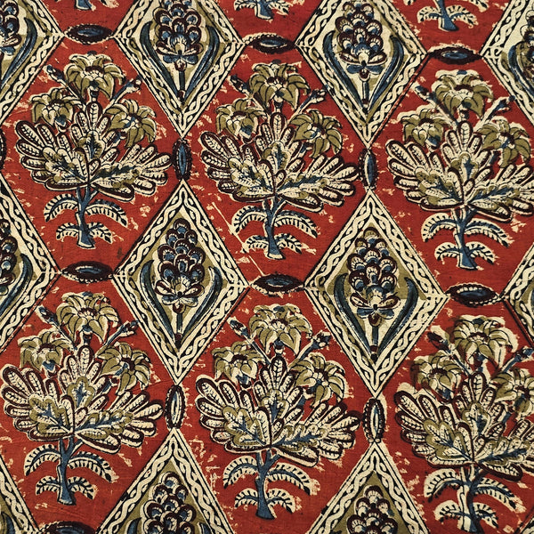 Pure Cotton Kalamkari Red-Orange  With Green Intricate Design Hand Block Print Fabric