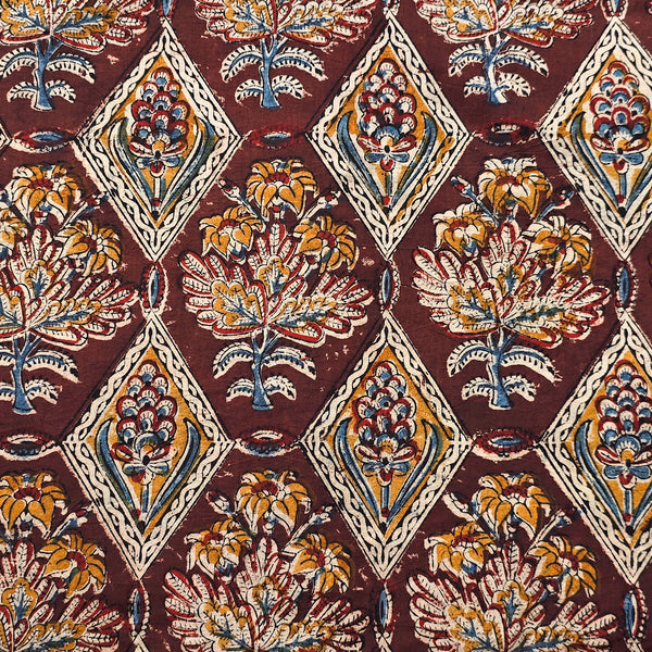 Pure Cotton Kalamkari Dark Brown With Mustard Intricate Design Hand Block Print Fabric