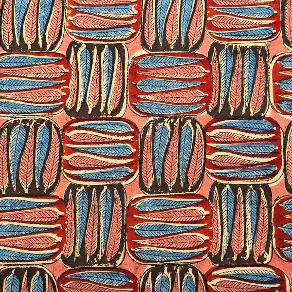 Pure Cotton Kalamkari Baby Pink With Blue Leaves Motif Hand Block Print Fabric