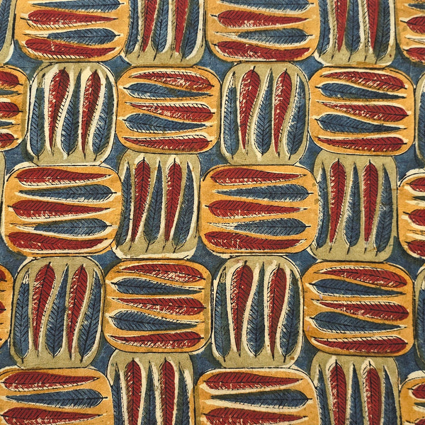 Pure Cotton Kalamkari Mustard With Green Leaves Motif  Hand Block Print Fabric