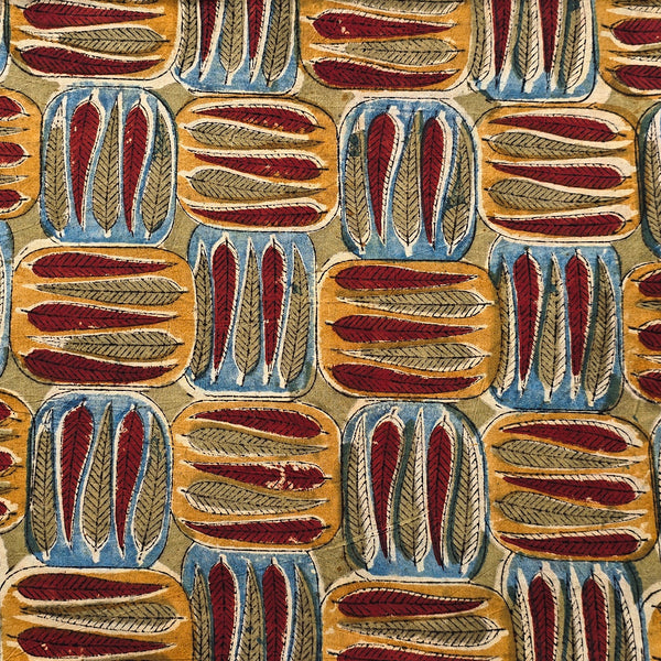 Pure Cotton Kalamkari Mustard With Blue Leaves Hand Block Print Fabric