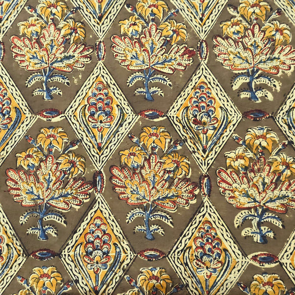 Pure Cotton Kalamkari Dark Mehandi Green With Mustard Intricate Design Hand Block Print Fabric