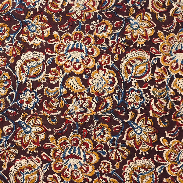 Pure Cotton Kalamkari Dark Brown  With Mustard Flower Jaal Hand Block Print Fabric
